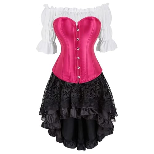 Steampunk Gothic Dreiteiliges Korsett im Court-Stil, Satin, Fischgräten-Korsett, Bluse mit Blasenärmeln und High-Low-Rock, Halloween-Gothic-Kostüm, Rose, XL Steampunk Gothic Dreiteiliges Korsett im Court-Stil, Satin, Fischgräten-Korsett, Bluse mit Blasenärmeln und High-Low-Rock, Halloween-Gothic-Kostüm, Rose, XL von AIGOUT