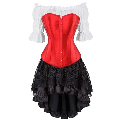 Steampunk Gothic Dreiteiliges Korsett im Court-Stil, Satin, Fischgräten-Korsett, Bluse mit Blasenärmeln und High-Low-Rock, Halloween-Gothic-Kostüm, Rot, Größe L Steampunk Gothic Dreiteiliges Korsett im Court-Stil, Satin, Fischgräten-Korsett, Bluse mit Blasenärmeln und High-Low-Rock, Halloween-Gothic-Kostüm, Rot, Größe L von AIGOUT