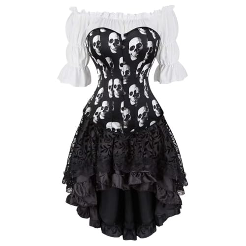 Steampunk Gothic Dreiteiliges Korsett im Court-Stil, Satin, Fischgräten-Korsett, Bluse mit Blasenärmeln und High-Low-Rock, Halloween-Gothic-Kostüm, Totenkopf, Größe 3XL Steampunk Gothic Dreiteiliges Korsett im Court-Stil, Satin, Fischgräten-Korsett, Bluse mit Blasenärmeln und High-Low-Rock, Halloween-Gothic-Kostüm, Totenkopf, Größe 3XL von AIGOUT