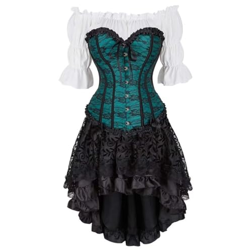 Steampunk Gothic Korsett Dreiteiliges Set - Vintage Court Bow Miederkleid mit High-Low Rock & Gothic Corsage Shirt (Dunkelgrün, XXL) von AIGOUT