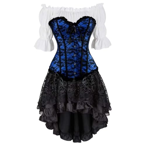 Steampunk Gothic Korsett Dreiteiliges Set - Vintage Court Bow Miederkleid mit High-Low Rock & Gothic Korsett Shirt (Blau, 6XL) von AIGOUT