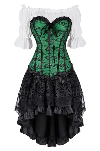 Steampunk Gothic Korsett Dreiteiliges Set - Vintage Court Bow Miederkleid mit High-Low Rock & Gothic Korsett Shirt (Grün, XXL) von AIGOUT