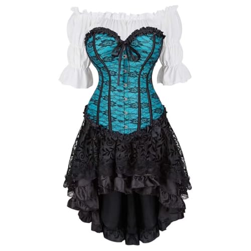 Steampunk Gothic Korsett Dreiteiliges Set - Vintage Court Bow Miederkleid mit High-Low Rock & Gothic Korsett Shirt (Himmelblau, XS) von AIGOUT