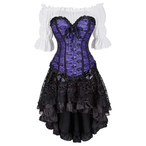 Steampunk Gothic Korsett Dreiteiliges Set - Vintage Court Bow Miederkleid mit High-Low Rock & Gothic Korsett Shirt (Lila, 3XL) von AIGOUT