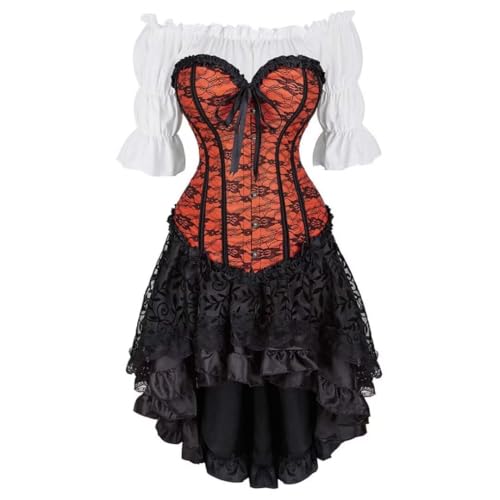 Steampunk Gothic Korsett Dreiteiliges Set - Vintage Court Bow Miederkleid mit High-Low Rock & Gothic Korsett Shirt (Orange, XL) von AIGOUT