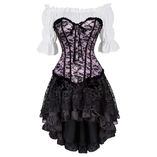 Steampunk Gothic Korsett Dreiteiliges Set - Vintage Court Bow Miederkleid mit High-Low Rock & Gothic Korsett Shirt (Rosa, 4XL) von AIGOUT