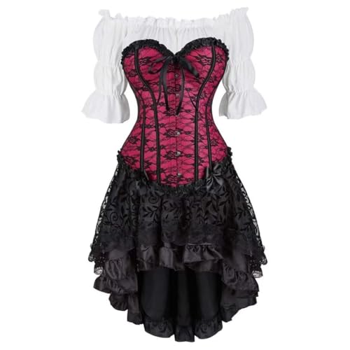 Steampunk Gothic Korsett Dreiteiliges Set - Vintage Court Bow Miederkleid mit High-Low Rock & Gothic Korsett Shirt (Rose, 3XL) von AIGOUT