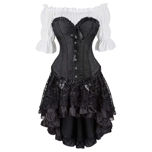 Steampunk Gothic Korsett Dreiteiliges Set - Vintage Court Bow Miederkleid mit High-Low Rock & Gothic Korsett Shirt (Schwarz, 5XL) von AIGOUT