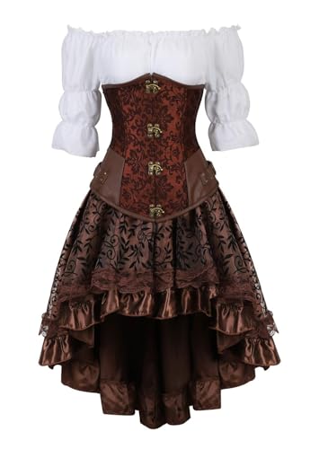 Steampunk Kleid unter der Brust, figurbetontes Kleid, dreiteiliger Anzug für Damen, Nietenbrokat-Korsett-Bustier, ein Wort tonendes Schulterhemdkleid, High-Low Steampunk-Rock, Taillenmieder, Outf von AIGOUT