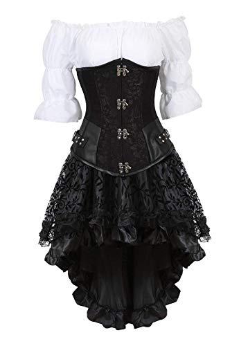 Steampunk Kleid unter der Brust, figurbetontes Kleid, dreiteiliger Anzug für Damen, Nietenbrokat-Korsett-Bustier, ein Wort tonendes Schulterhemdkleid, High-Low Steampunk-Rock, Taillenmieder, Outf von AIGOUT