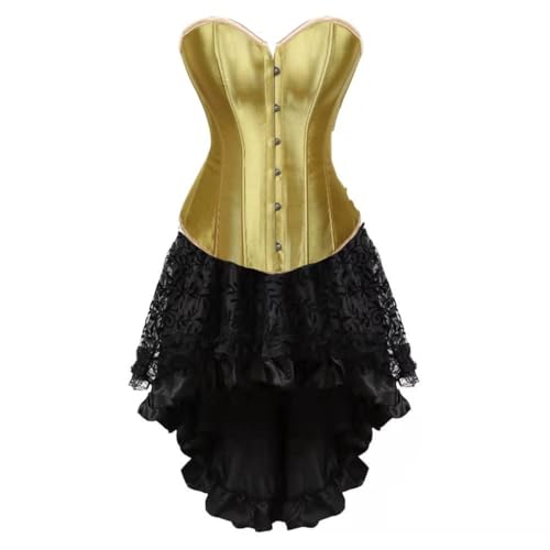 Steampunk-Korsett-Rock-Set für Damen, zweiteilig, Vintage-Palast-Satin, Korsettkleid, Fischgräten-Korsettkleid, Gothic-Stil, Bustier-Kostüme (Gold, Größe 6XL) von AIGOUT