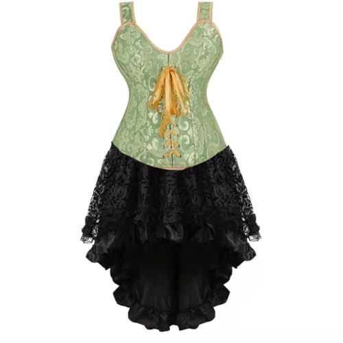 Steampunk Korsett Rock Set für Damen Spitze Renaissance Bustier Kostüm mit hohem niedrigem Satinrock (Grün 1, L) von AIGOUT