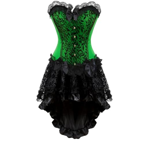 Steampunk Korsett Rock Set für Damen Spitze Renaissance Bustier Kostüm mit hohem niedrigem Satinrock (Grünschwarz, L) von AIGOUT