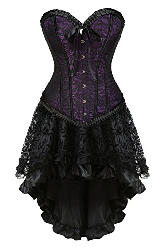 Steampunk Korsett Rock Set für Damen Spitze Renaissance Bustier Kostüm mit hohem niedrigem Satinrock (Lila 1, XXL) von AIGOUT