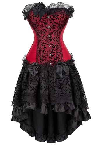 Steampunk Korsett Rock Set für Damen Spitze Renaissance Bustier Kostüm mit hohem niedrigem Satinrock (Weinrot, XS) von AIGOUT