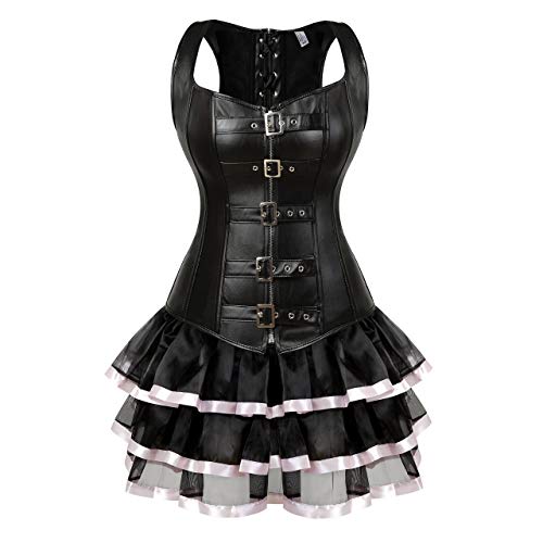 Steampunk Korsettkleid, Lederweste, Korsettkleid, Lederschnalle und Tutu-Rock, Ensemble, Kunstleder-Bustier mit mehrlagigem Spitzen-Tutu-Rock für Erwachsene, Piraten-Gothic-Kostüm (Rosa, 6XL) von AIGOUT
