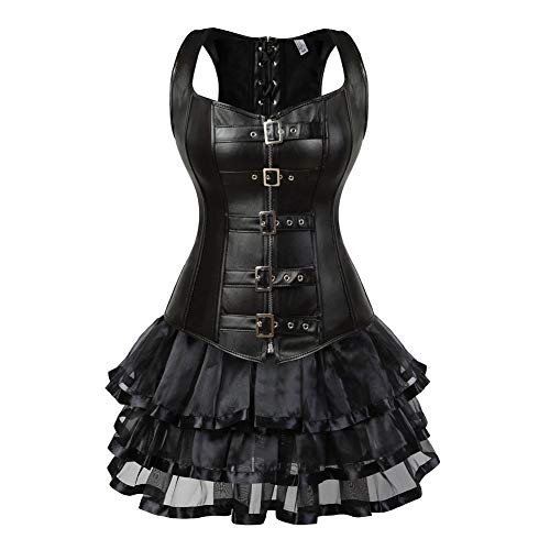 Steampunk Korsettkleid, Lederweste, Korsettkleid, Lederschnalle und Tutu-Rock, Ensemble, Kunstleder-Bustier mit mehrlagigem Spitzen-Tutu-Rock für Erwachsene, Piraten-Gothic-Kostüm (Schwarz, 6XL) von AIGOUT