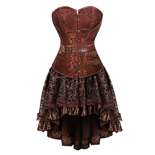 Steampunk Lederkorsett mit High-Low Tutu Rock - Retro Braun Bodysuit Kleid Set, Piraten Lederkette Fischgrätenrock High-Low Rock Gothic Korsett Kleid für Frauen (Braun, XXL) von AIGOUT