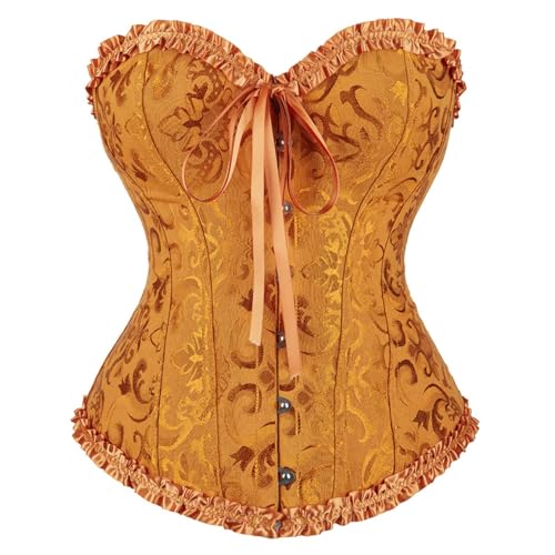 Überbrustkorsett für Damen, Vintage-Stil, Brokat-Top, Spitzenbesatz, Fischgräten-Korsett, Schnürung, Shapewear für Taillentraining und Hochzeit (Gold, L) von AIGOUT