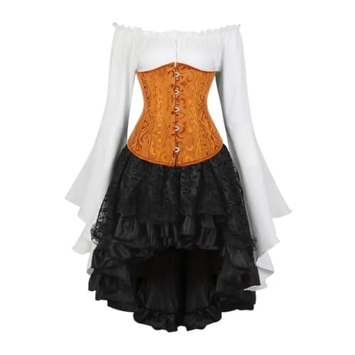 Vintage Court Brokat Korsett Set Unterbrust Piraten Bluse Gothic Rock - Glockenärmel Mieder Halloween Kostüm (Gold, XL) von AIGOUT