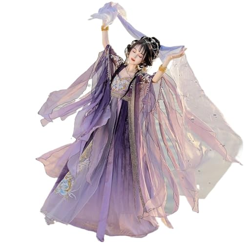 AIHERQG Chinesisches Hanfu-Kleid for Damen, traditionelle Stickerei, Hanfu, Karneval, Fee, Cosplay-Kostüm, Farbverlauf, Lila und Gelb(Purple set,M) von AIHERQG