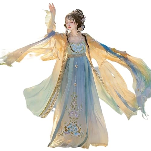 AIHERQG Chinesisches Hanfu-Kleid for Damen, traditionelle Stickerei, Hanfu, Karneval, Fee, Cosplay-Kostüm, Farbverlauf, Lila und Gelb(Yellow set,S) von AIHERQG