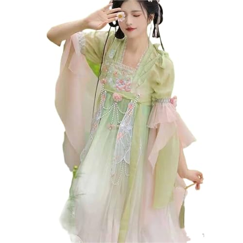 AIHERQG Chinesisches Hanfu-Kleid for Damen, uraltes traditionelles Cosplay-Kostüm, Vintage-Geburtstagsparty, Farbverlauf, Rosa, Lila, Blau(Green set,L) von AIHERQG
