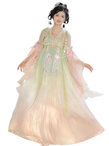 AIHERQG Chinesisches Hanfu-Kleid for Damen, uraltes traditionelles Cosplay-Kostüm, Vintage-Geburtstagsparty, Farbverlauf, Rosa, Lila, Blau(Pink-green set,M) von AIHERQG