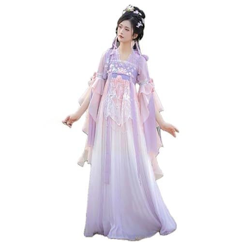 AIHERQG Chinesisches Hanfu-Kleid for Damen, uraltes traditionelles Cosplay-Kostüm, Vintage-Geburtstagsparty, Farbverlauf, Rosa, Lila, Blau(Purple set,L) von AIHERQG