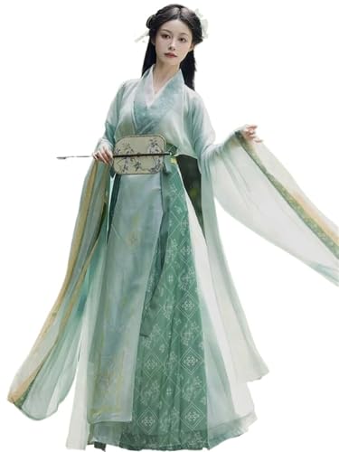 AIHERQG Hanfu Wei Jin Dynastie Grünes Damen-Kreuzkragenkleid mit weiten Ärmeln, traditionelles chinesisches Cosplay-Kostüm, Bühnenauftrittskleid(L) von AIHERQG