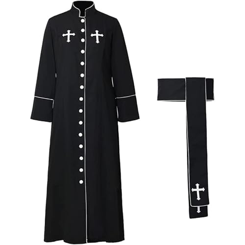AIHERQG Herren Priesterkostüm Mittelalterlicher Mönchsumhang Missionsmönch Pastor Robe mit Stehkragen Halloween Party Religiöser Zauberer Cosplay(Black1,L) von AIHERQG