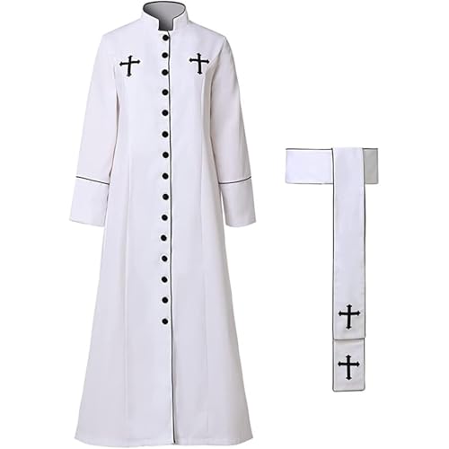 AIHERQG Herren Priesterkostüm Mittelalterlicher Mönchsumhang Missionsmönch Pastor Robe mit Stehkragen Halloween Party Religiöser Zauberer Cosplay(White1,XXL) von AIHERQG