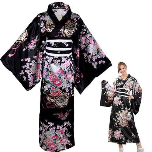 AIHERQG Japanische Yukata for Frauen, Florale Seide Japanisch Kimono Mit Gürtel, Geisha Yukata -Kleid, Japanisches Robe, Blüte Satin Bademantel (schwarz, L)(Black,L) von AIHERQG