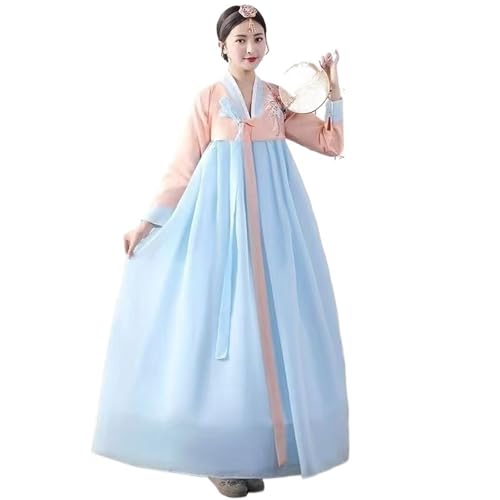 AIHERQG Koreanisches Hanbok-Kleid for Frauen, uraltes traditionelles Bühnentanzkostüm, asiatische Kleidung, Damenpalast, koreanisches Hochzeitstanztuch(Blue,S) von AIHERQG