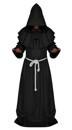 AIHERQG Männer Frauen Mittelalter Cosplay Gugel Vintage Renaissance Mönch Mönch Priester Kapuzenrobe Seil Umhang Cape(Black1,M) von AIHERQG