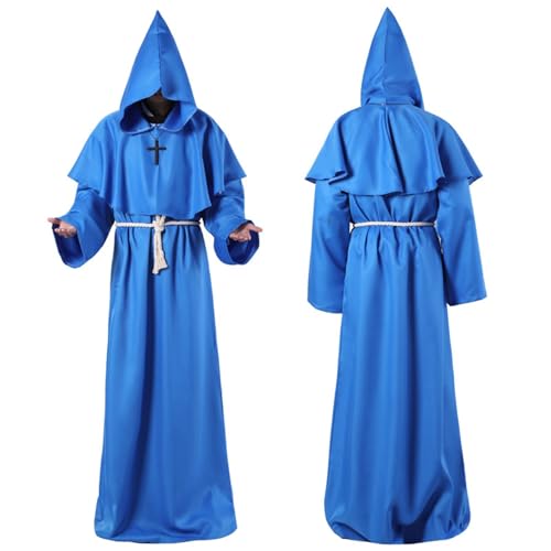 AIHERQG Männer Frauen Mittelalter Cosplay Gugel Vintage Renaissance Mönch Mönch Priester Kapuzenrobe Seil Umhang Cape(Blue1,L) von AIHERQG