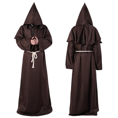 AIHERQG Männer Frauen Mittelalter Cosplay Gugel Vintage Renaissance Mönch Mönch Priester Kapuzenrobe Seil Umhang Cape(Coffee1,XL) von AIHERQG