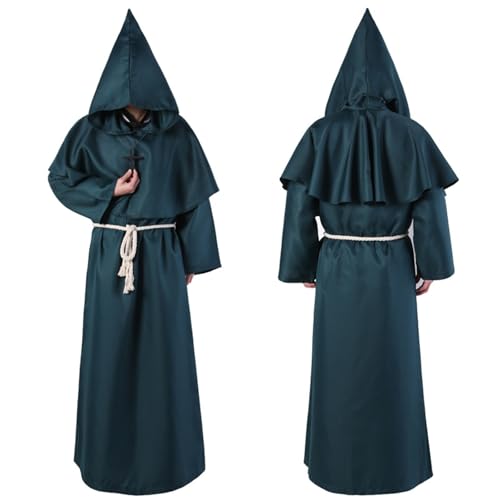 AIHERQG Männer Frauen Mittelalter Cosplay Gugel Vintage Renaissance Mönch Mönch Priester Kapuzenrobe Seil Umhang Cape(Green1,L) von AIHERQG