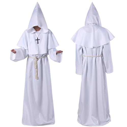 AIHERQG Männer Frauen Mittelalter Cosplay Gugel Vintage Renaissance Mönch Mönch Priester Kapuzenrobe Seil Umhang Cape(White1,XXL) von AIHERQG