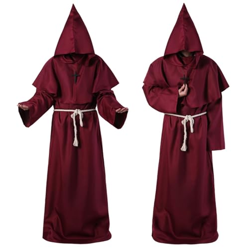 AIHERQG Männer Frauen Mittelalter Cosplay Gugel Vintage Renaissance Mönch Mönch Priester Kapuzenrobe Seil Umhang Cape(Wine res1,M) von AIHERQG