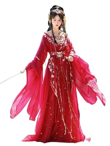 AIHERQG Vintage Hanfu Frauen Chinesischen Traditionellen Bühne Tanz Kleid Weibliche Fee Cosplay Kostüm Set Rot Elegante Prinzessin Outfits(S) von AIHERQG
