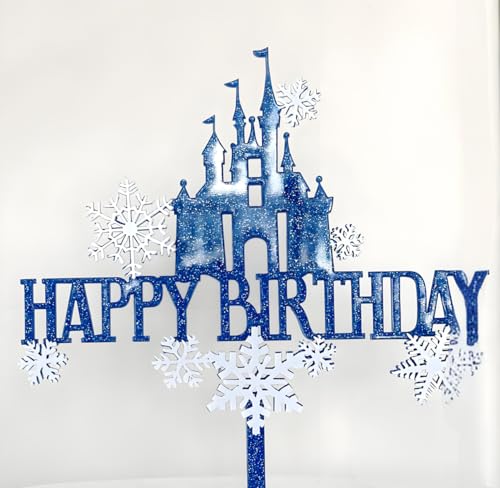 AILEXI Acryl Glitter Kuchen Dekorieren Toppers 1pcs Happy Birthday Schloss Dunkelblau Weiß und 8 weiße Schneeflocken A503 von AILEXI