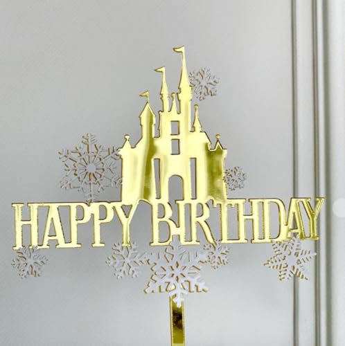 AILEXI Acryl Glitter Kuchen Dekorieren Toppers.1pcs Happy Birthday Schloss Gold Weiß und 8 weiße Schneeflocken A501 von AILEXI
