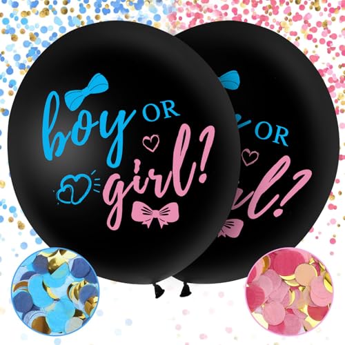 AINIUNIU 2 Stück Gender Reveal Ballon XXL in Schwarz, 36 Zoll Geschlecht Verkünden Ballons, inkl. Rosa & Blauen Konfetti, Boy or Girl- Kinderluftballons für Gender Reveal Party Deko von AINIUNIU