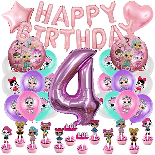 Party Dekorationen, Geburtstag Deko Set 58 ​pcs, Luftballon, Nummer 4 Ballon, Torten Deko, Banner, für Mädchen Kinder Geburtstag Party von AIOSUY