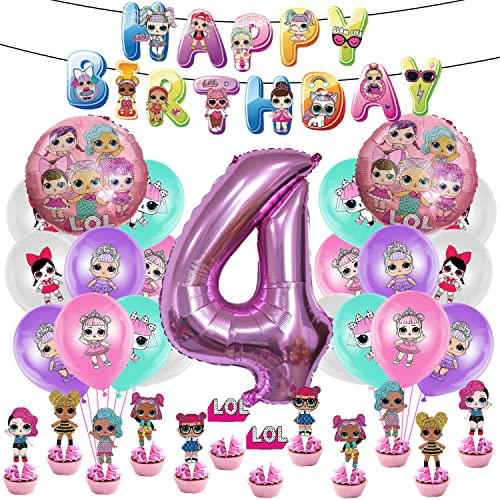 Geburtstag Deko Set 54 pcs, Luftballons, Foil Latex Luftballons, Nummer 4 Ballon, Cupcake Topper,Geburtstag Banner, für Kinder Geburtstag Party von AIOSUY