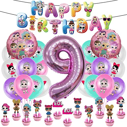 feier Dekoration Set 54 pcs, Luftballons, Nummer 9 Ballon, ÜBerraschung Geburtstag Banner, ÜBerraschung Puppen Cupcake Topper, Kindergeburtstag Feier Deko von AIOSUY