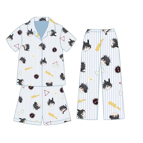 AIPILEI Anime-Schlafanzug, 3-teiliges Set, Gojo Satoru/Fushiguro Megumi, Sommer, Baumwolle, Strickjacke, Pyjama, Freizeit, lockere Nachtwäsche für Damen und Herren, (Fushiguro Megumi, Größe 3XL) von AIPILEI