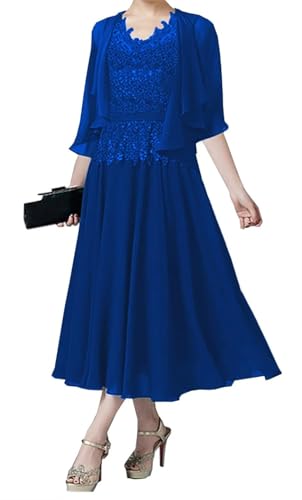 AIPILEI Brautmutterkleider für Hochzeit, Tee-Länge, Kleid für die Mutter des Bräutigams, Kleid mit Jacke, Hochzeitsgäste, formelles Kleid (Königsblau, 14) von AIPILEI