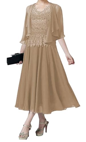 AIPILEI Brautmutterkleider für Hochzeit, Tee-Länge, Kleid für die Mutter des Bräutigams, Kleid mit Jacke, Hochzeitsgäste, formelles Kleid (Taupe, 16) von AIPILEI
